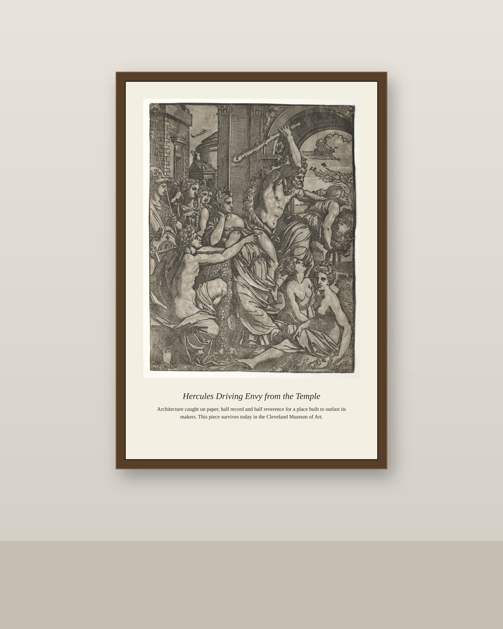 Hercules Driving Envy — Antique Print antique art print shown framed on a wall in a styled room