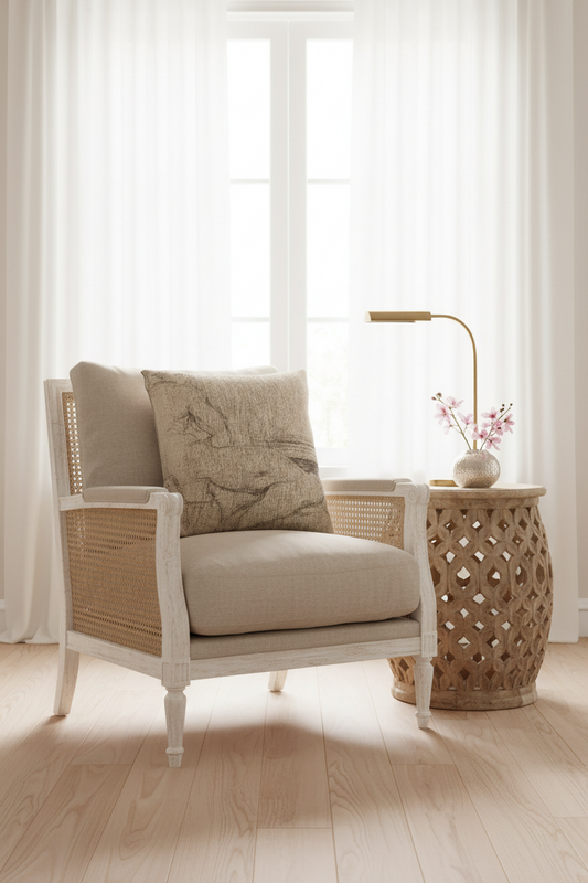 A classic-style armchair with a white painted frame and woven cane backrest, styled with a textured beige throw pillow. It is set in a bright, modern room with light wood floors, sheer white curtains, and a matching wooden side table holding a gold floor lamp and a small vase of pink blossoms.