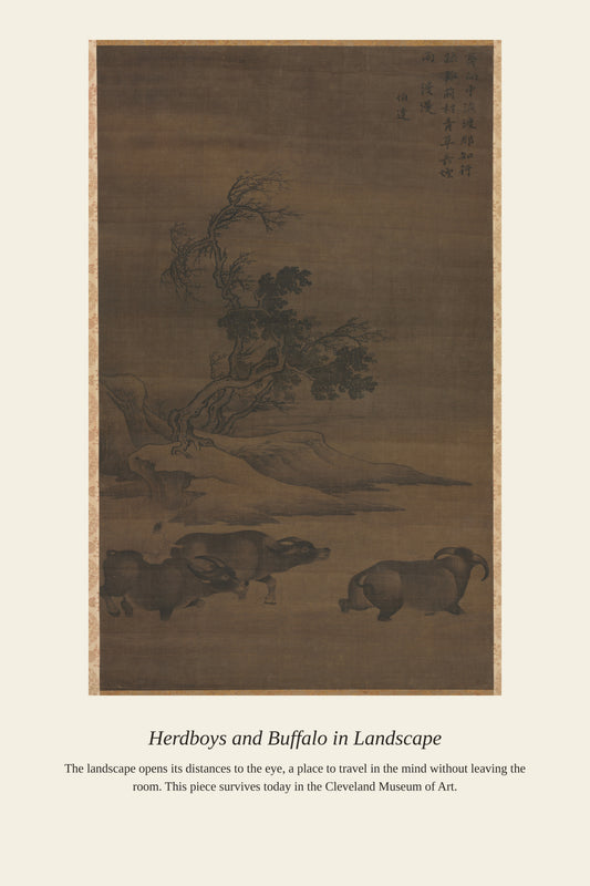 Herdboys and Buffalo in Landscape - Antique Landscape Print