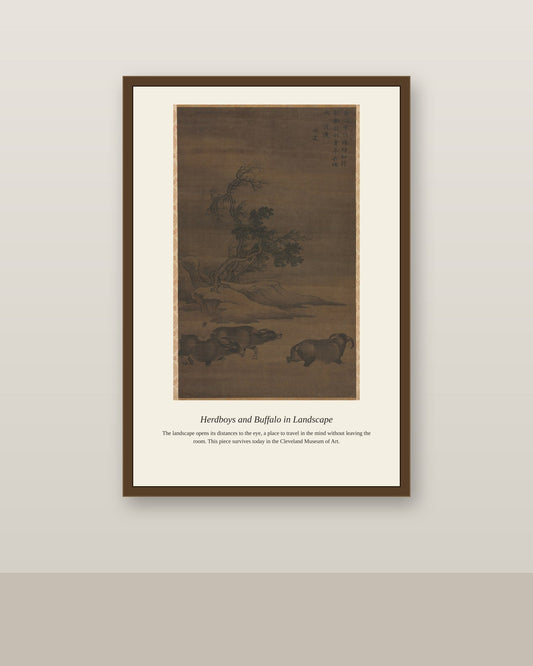 Herdboys and Buffalo in Landscape antique landscape print shown framed on a wall in a styled room