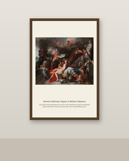 Hermes Ordering Calypso to Release antique mythological print shown framed on a wall in a styled room
