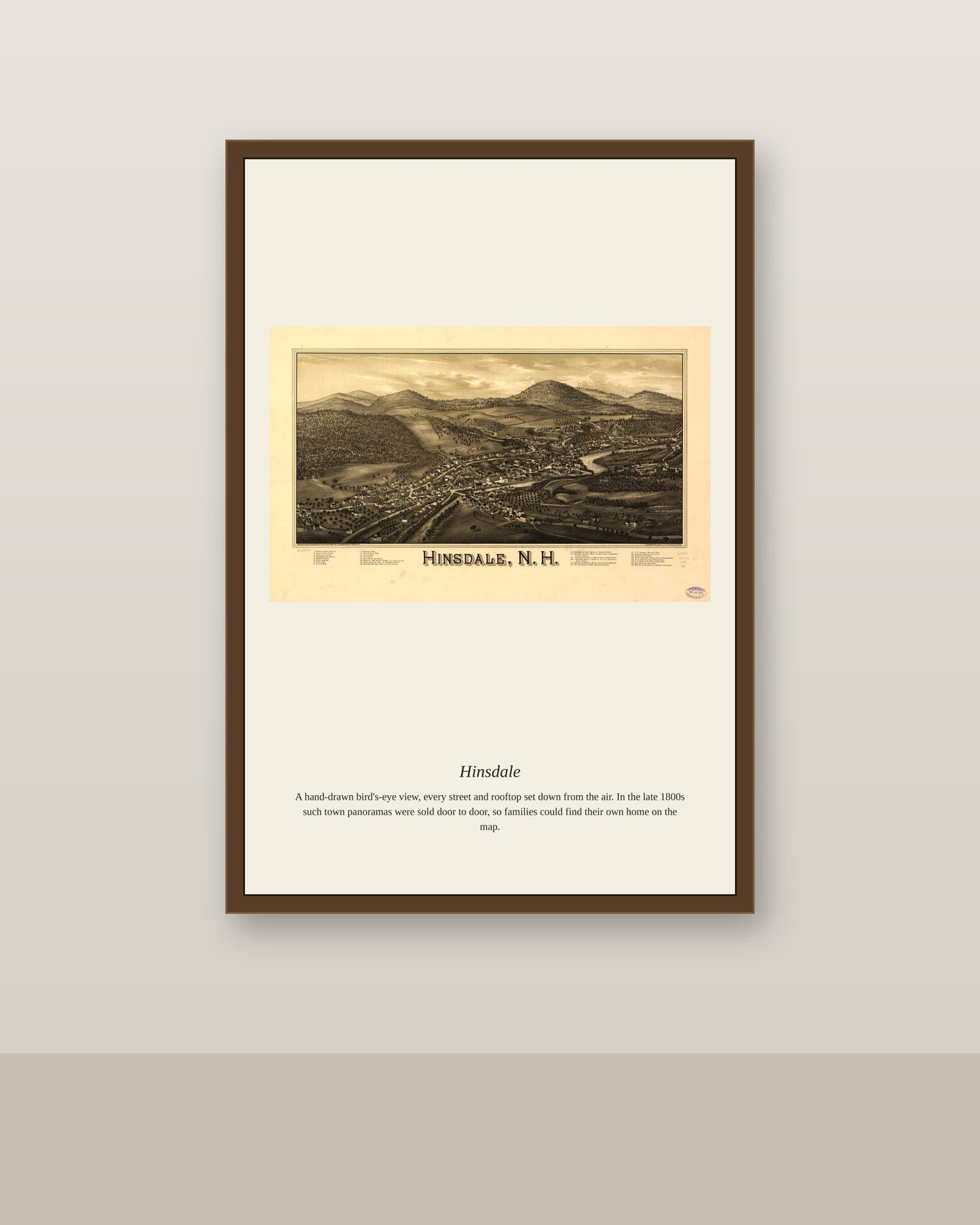 Hinsdale antique map print shown framed on a wall in a styled room