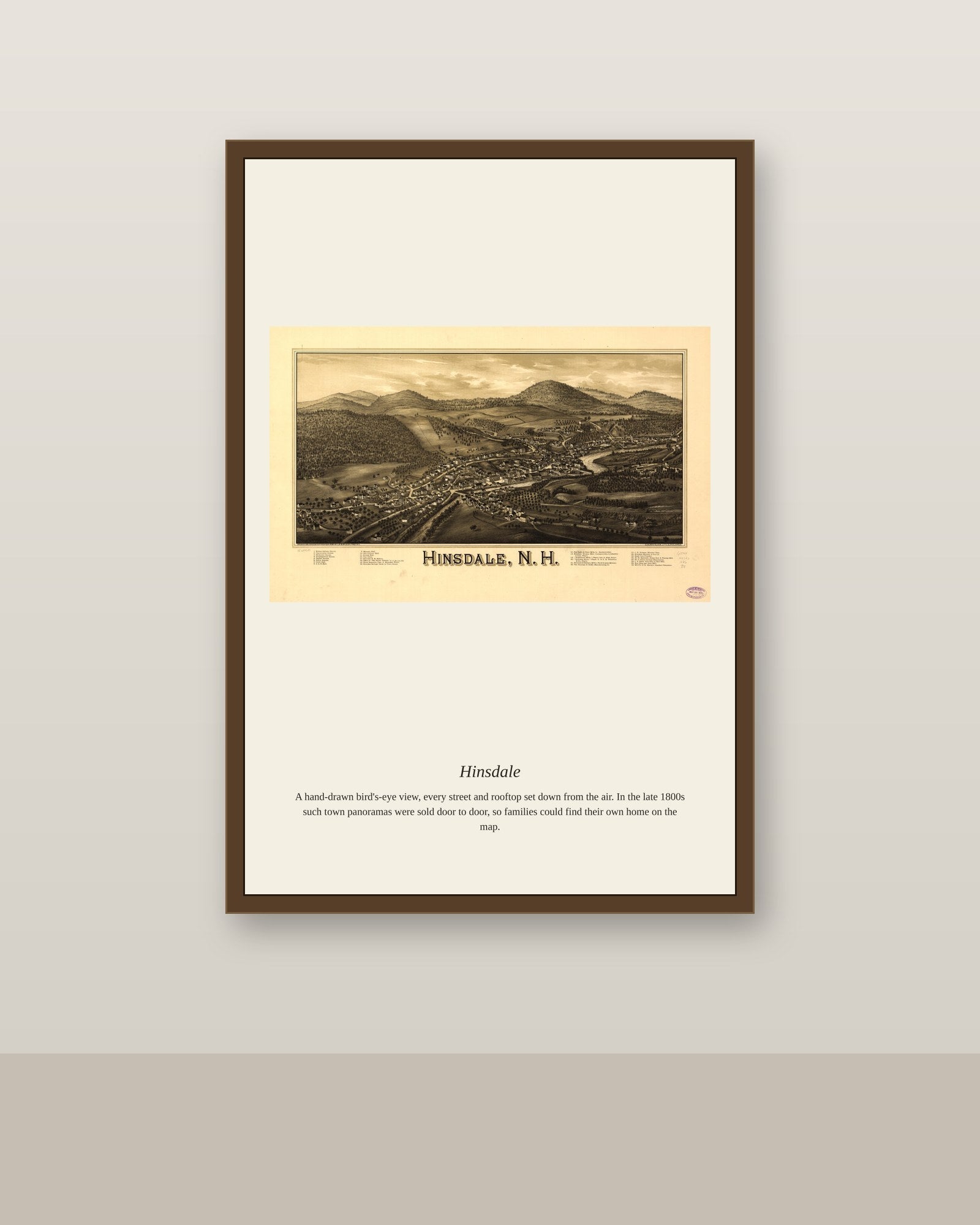 Hinsdale antique map print shown framed on a wall in a styled room