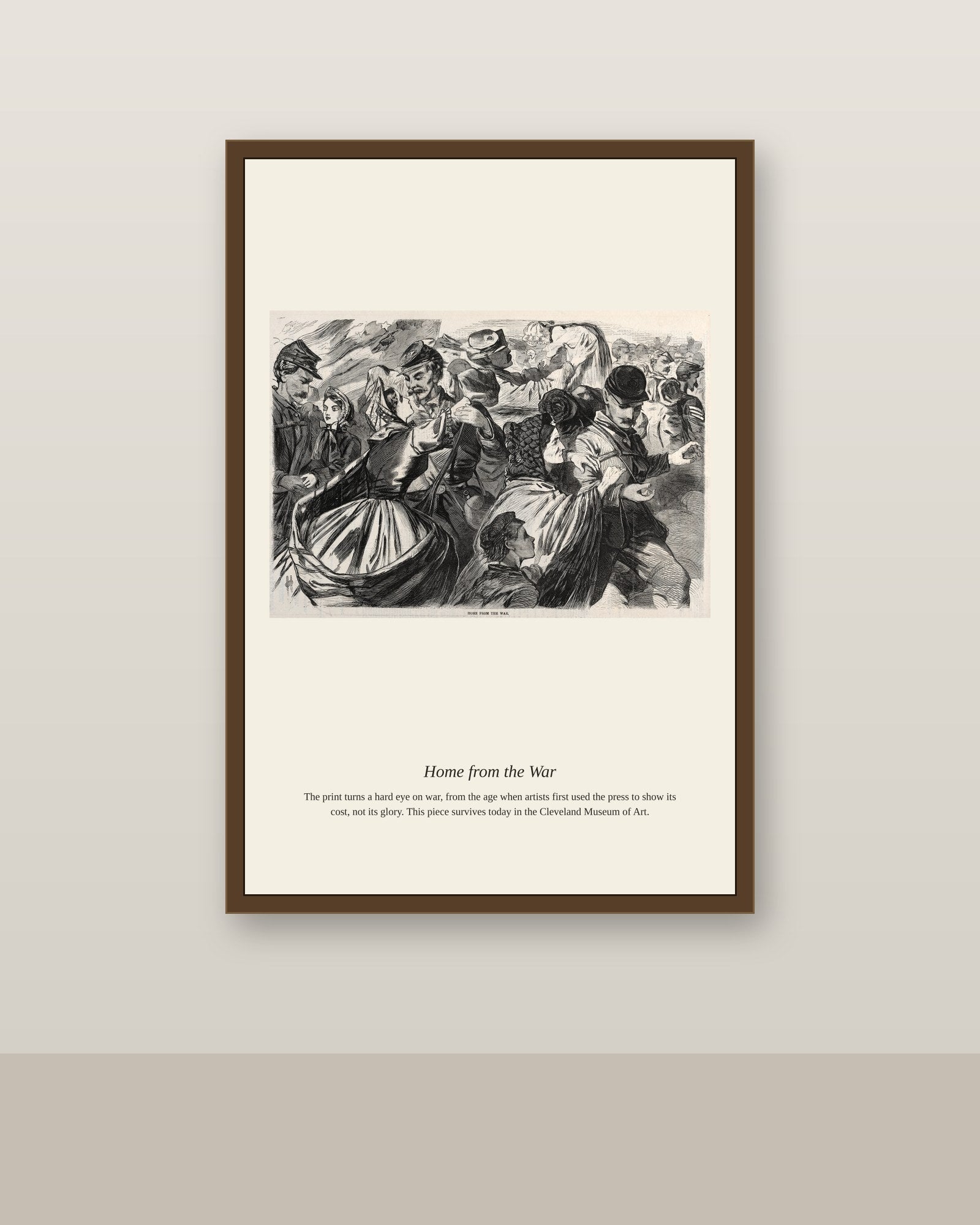 Home from the War antique historical print shown framed on a wall in a styled room
