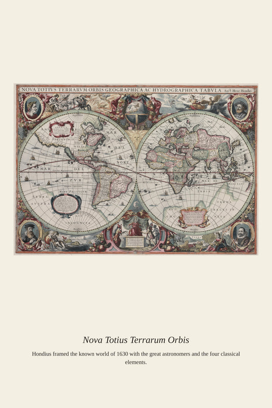 Hondius World Map antique world map print, ornate 1630 double-hemisphere map with explorer portraits and allegorical figures