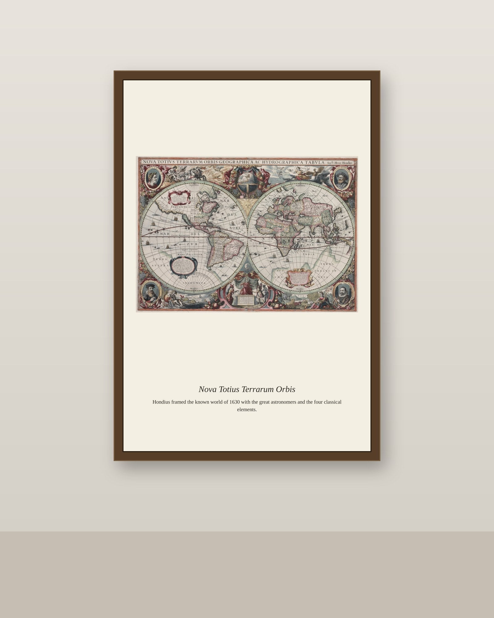Hondius World Map antique world map print shown framed on a wall in a styled room
