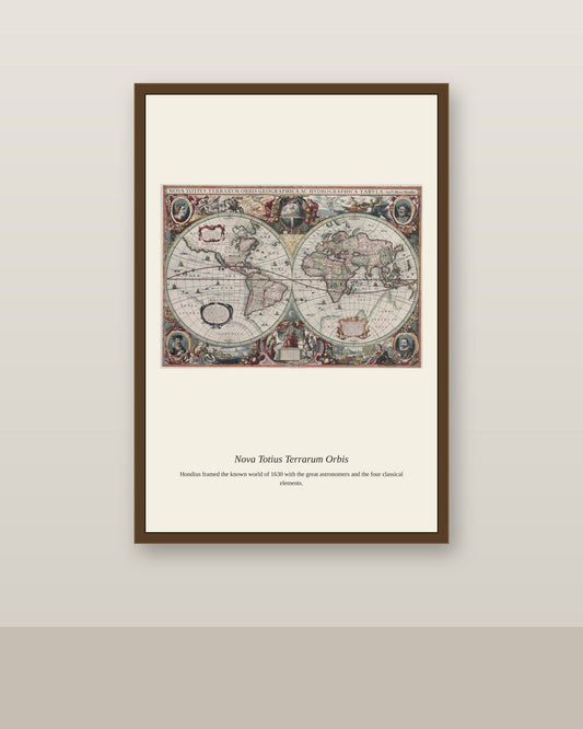 Hondius World Map antique world map print shown framed on a wall in a styled room
