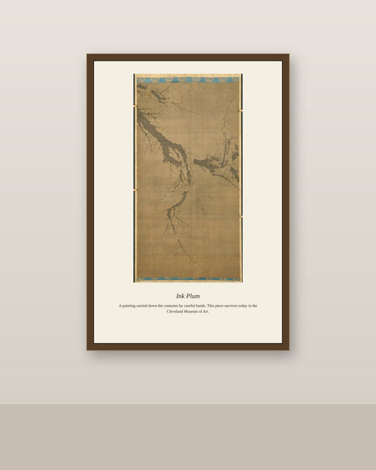 Ink Plum antique botanical print shown framed on a wall in a styled room