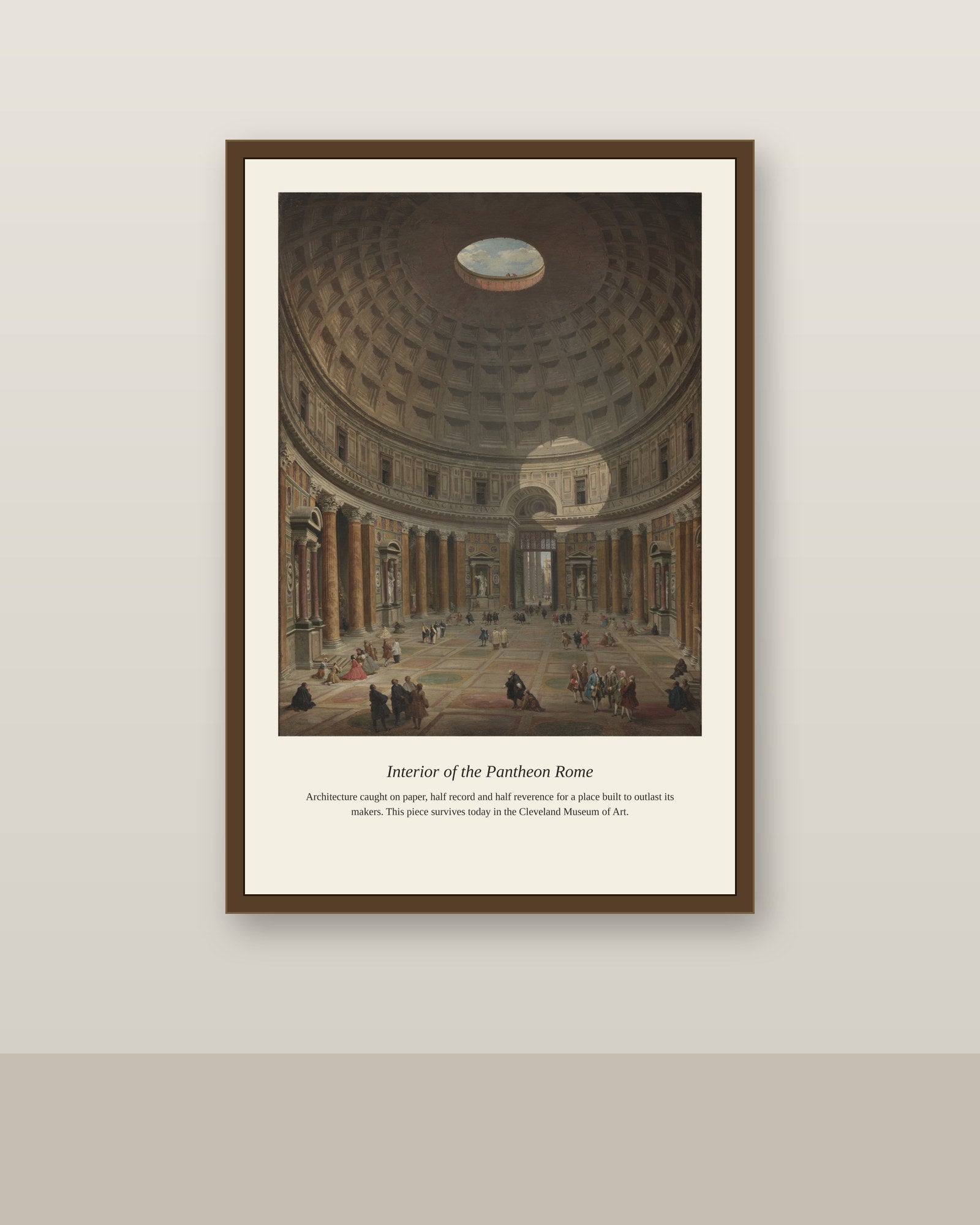 Interior of the Pantheon Rome antique architectural print shown framed on a wall in a styled room