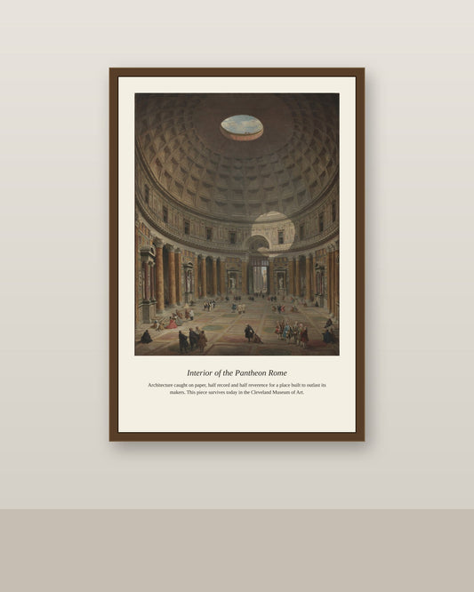 Interior of the Pantheon Rome antique architectural print shown framed on a wall in a styled room