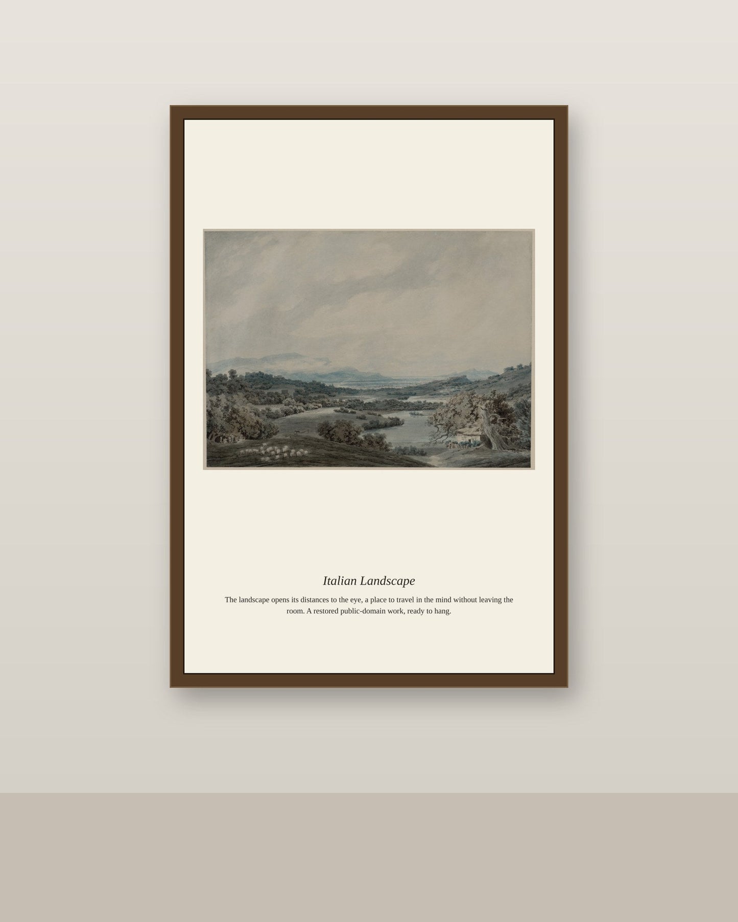 Italian Landscape antique landscape print shown framed on a wall in a styled room