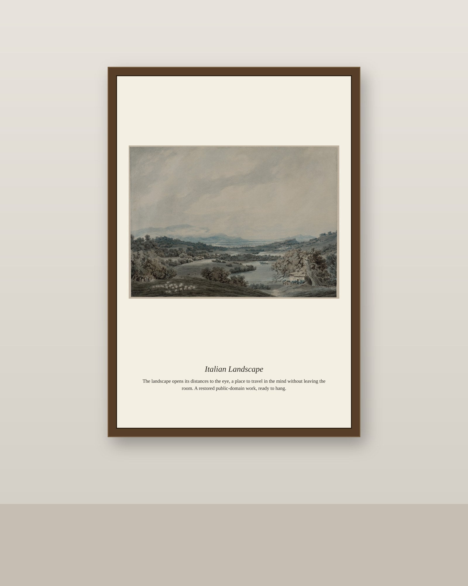 Italian Landscape antique landscape print shown framed on a wall in a styled room