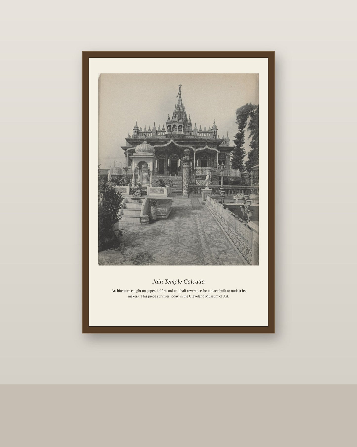 Jain Temple Calcutta antique religious art print shown framed on a wall in a styled room