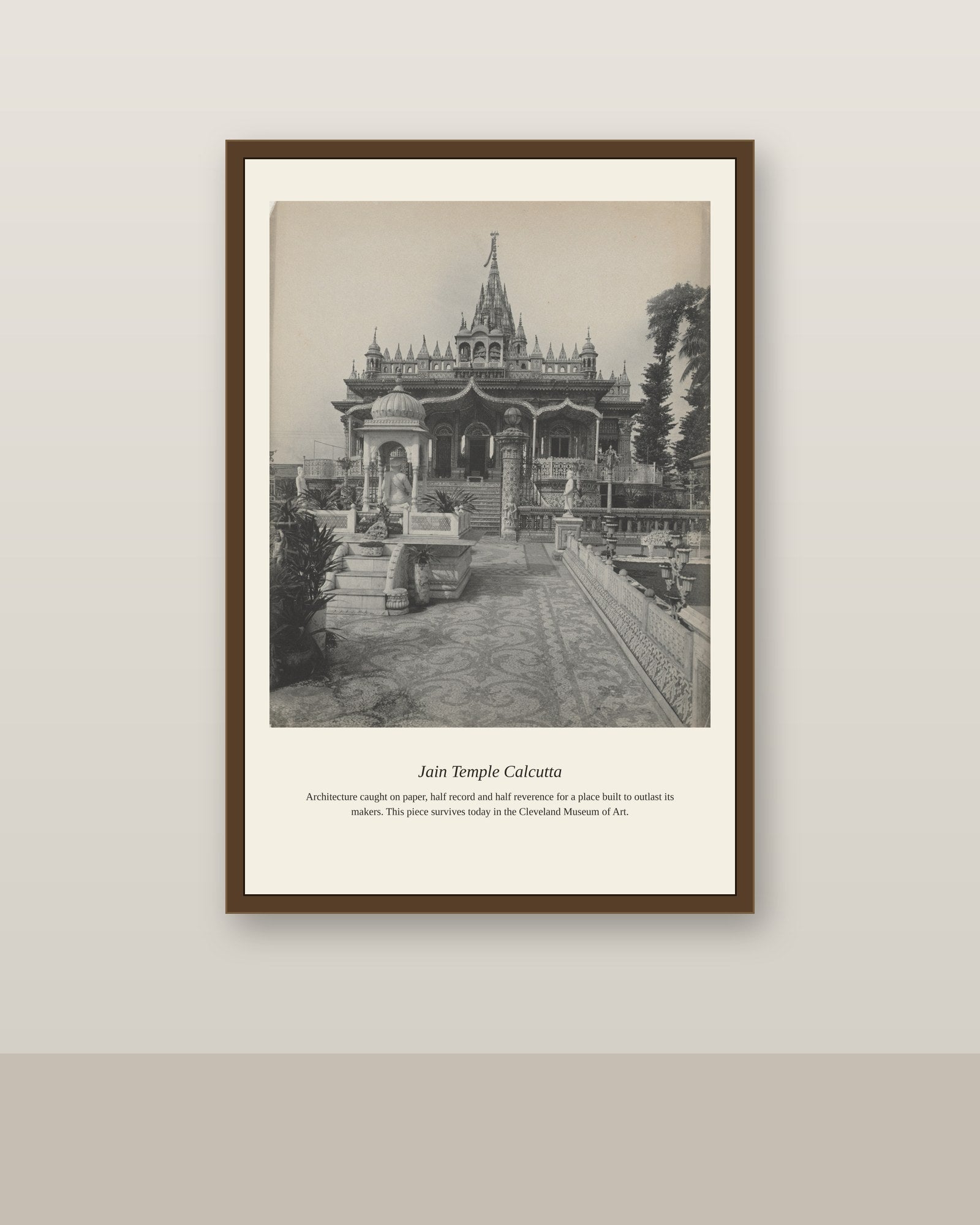 Jain Temple Calcutta antique religious art print shown framed on a wall in a styled room