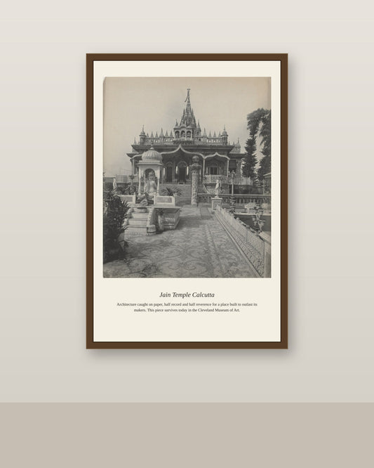 Jain Temple Calcutta antique religious art print shown framed on a wall in a styled room