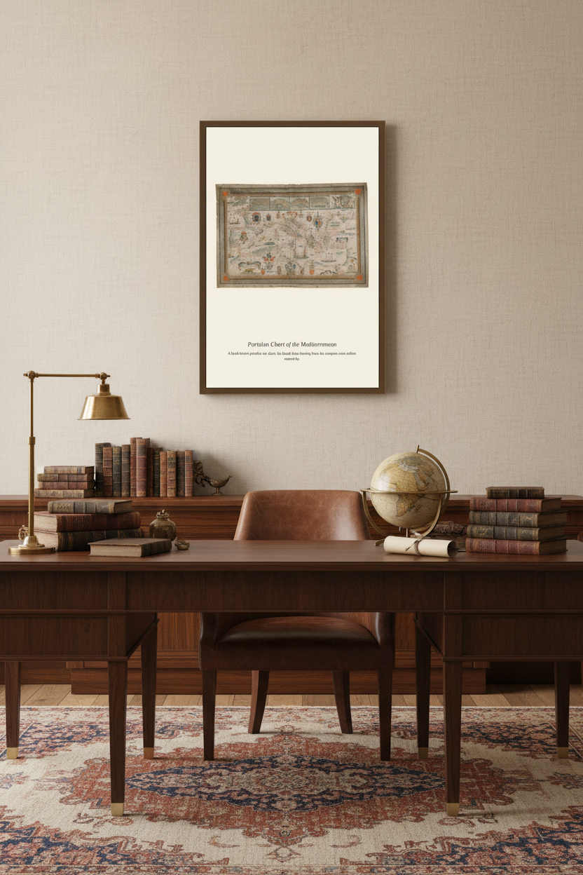 Japanese Map of the World print framed in a home-office setting