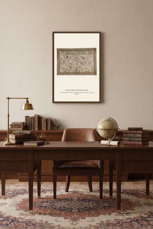 Japanese Map of the World print framed in a home-office setting