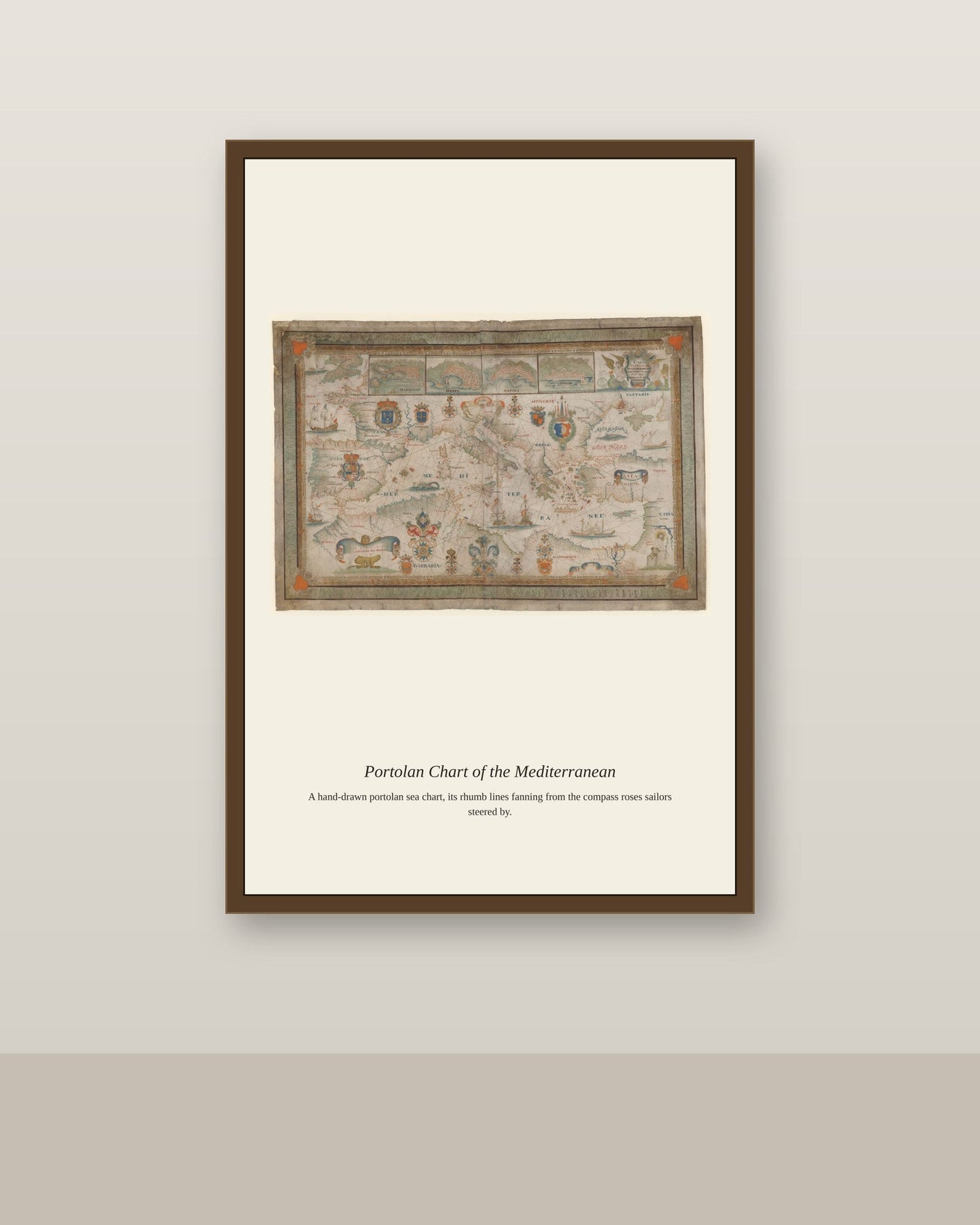 Japanese Map of the World antique art print shown framed on a wall in a styled room