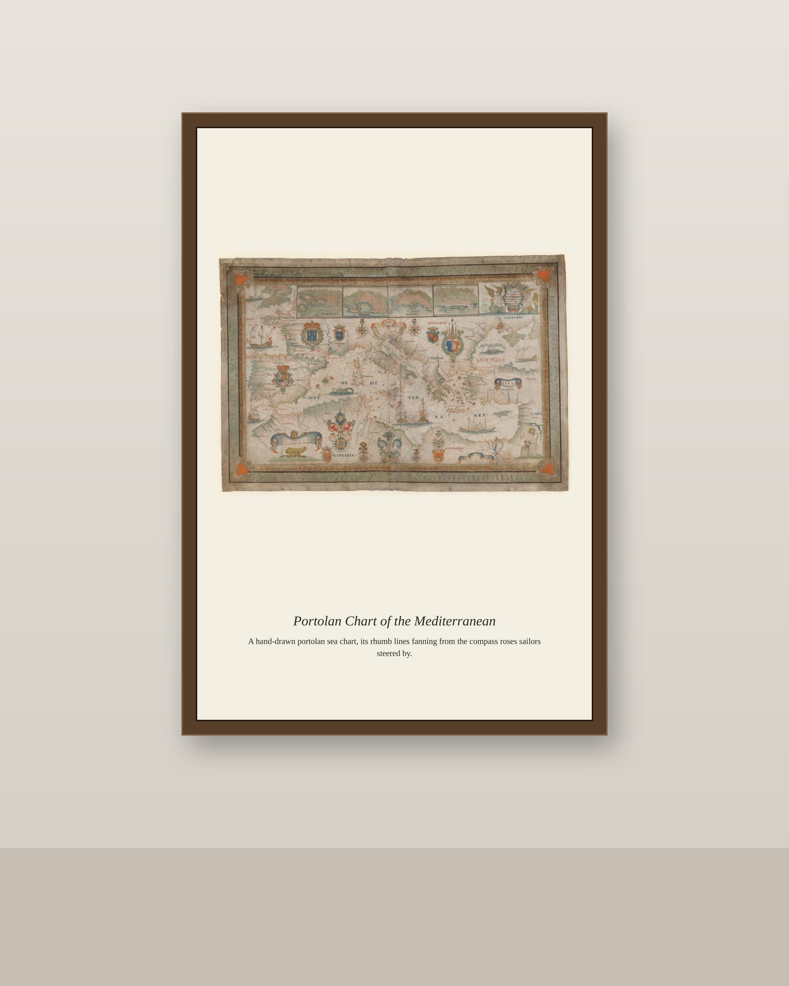 Japanese Map of the World antique art print shown framed on a wall in a styled room