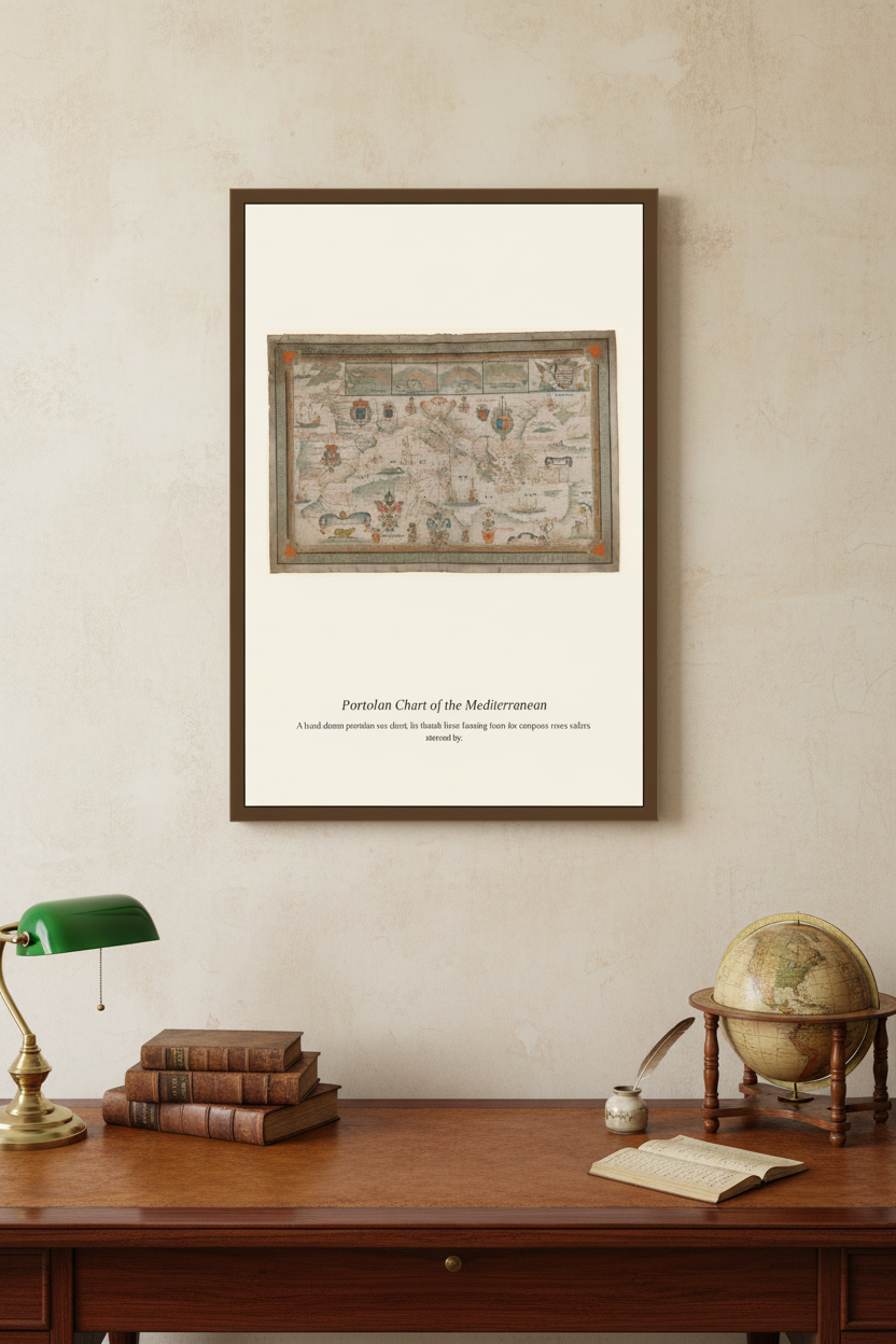 Japanese Map of the World antique print framed on a wall in a styled room