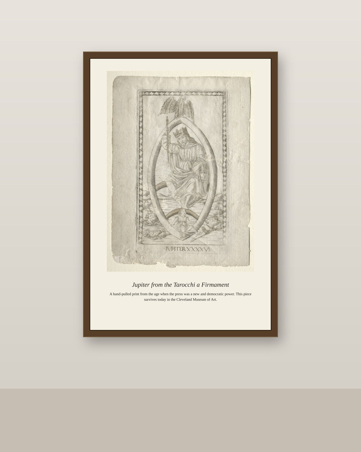 Jupiter, Mantegna Tarocchi antique celestial print shown framed on a wall in a styled room