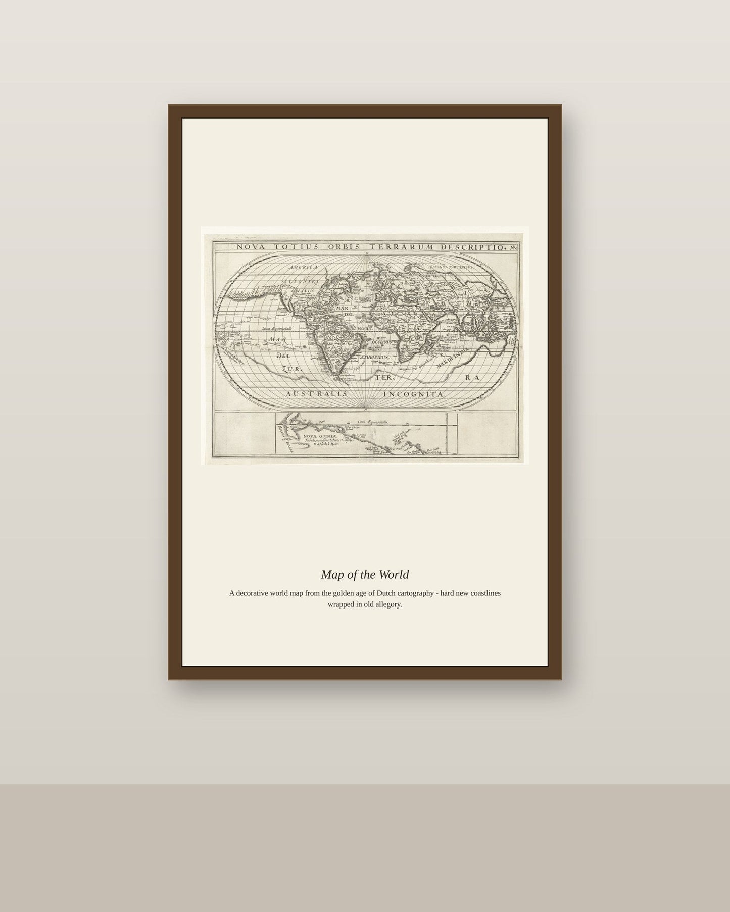 Kaart Van de Wereld Met de Reizen Van Joris antique world map print shown framed on a wall in a styled room