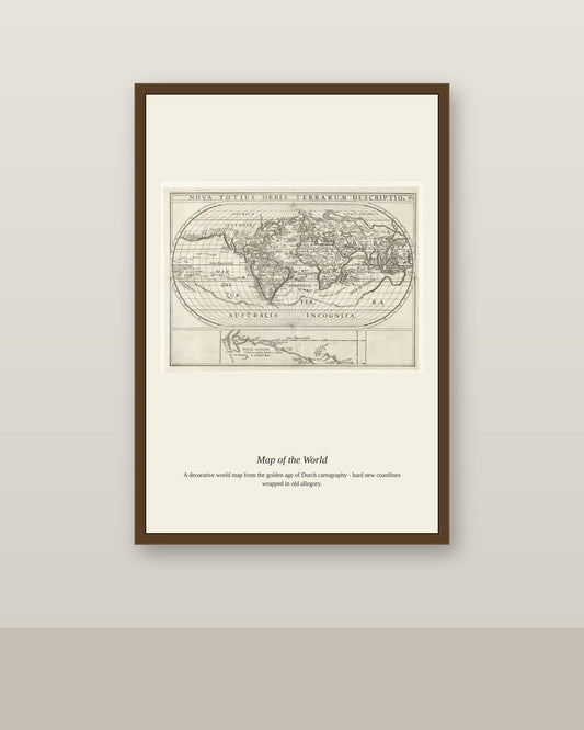 Kaart Van de Wereld Met de Reizen Van Joris antique world map print shown framed on a wall in a styled room