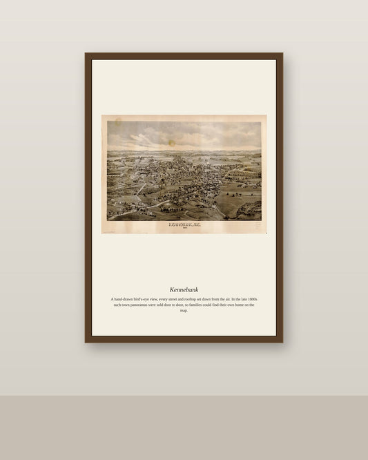 Kennebunk antique map print shown framed on a wall in a styled room