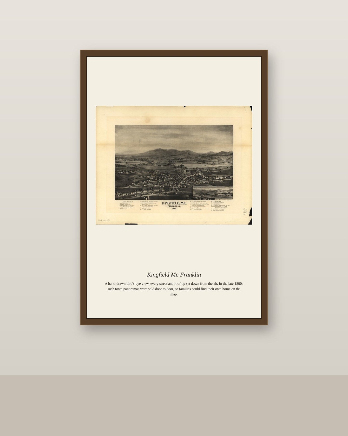 Kingfield Me Franklin antique map print shown framed on a wall in a styled room