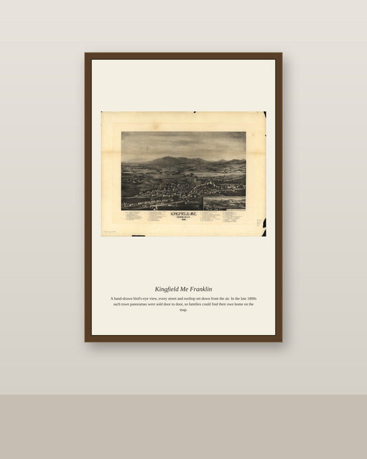 Kingfield Me Franklin antique map print shown framed on a wall in a styled room