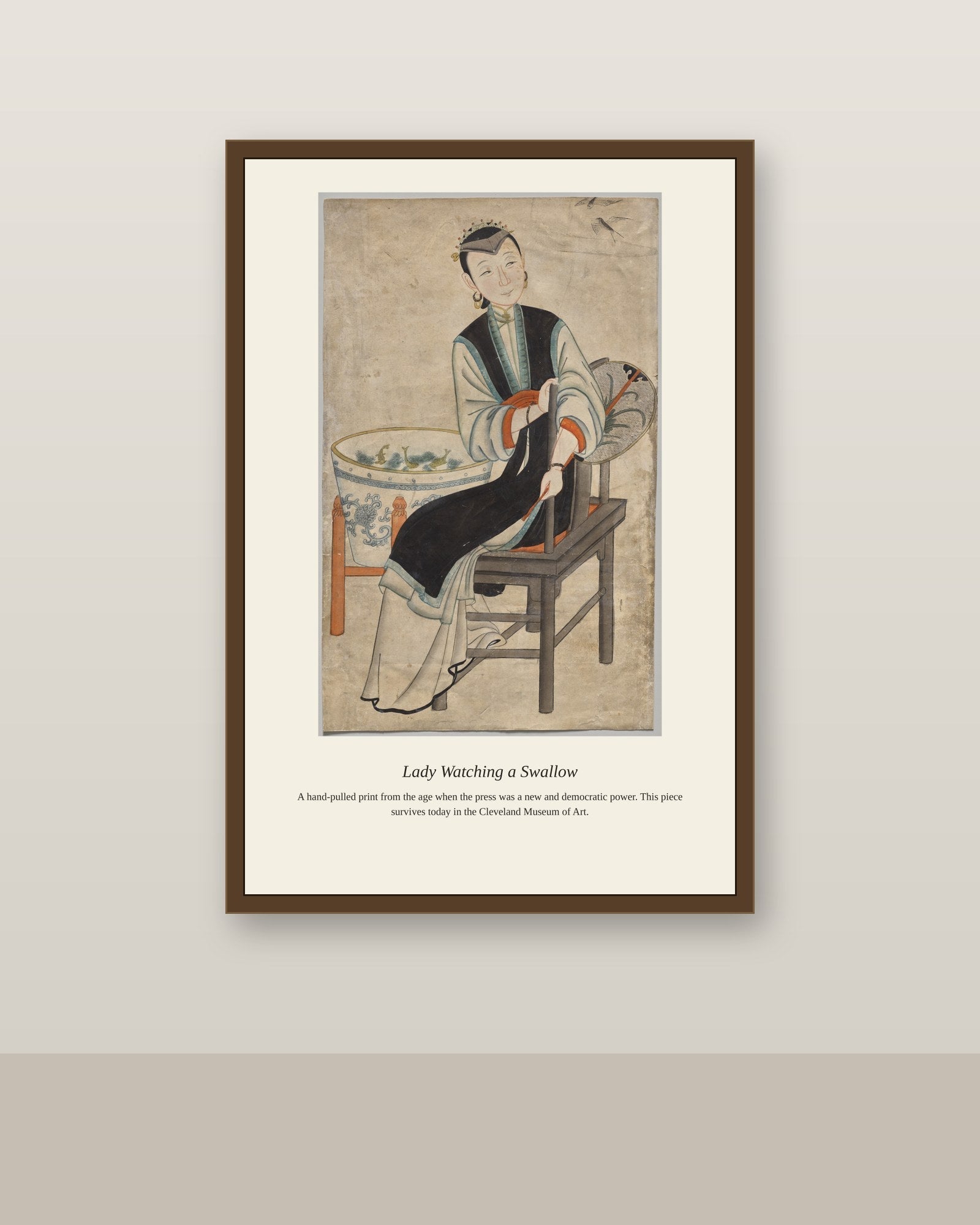 Lady Watching a Swallow antique portrait print shown framed on a wall in a styled room