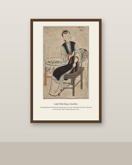 Lady Watching a Swallow antique portrait print shown framed on a wall in a styled room