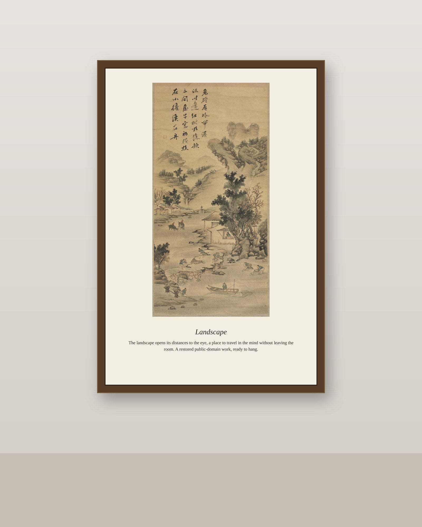 Landscape antique landscape print shown framed on a wall in a styled room