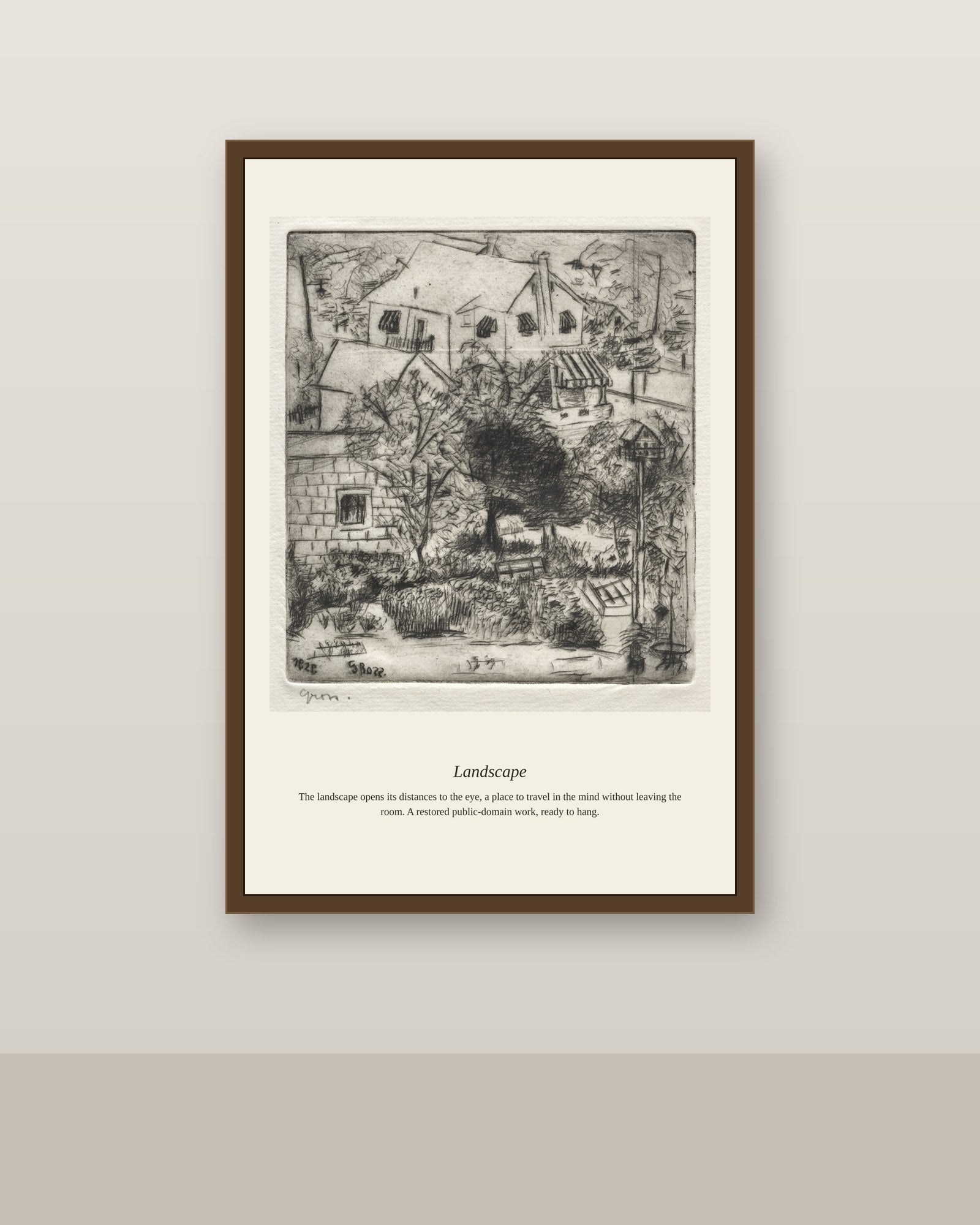 Landscape (3) antique landscape print shown framed on a wall in a styled room