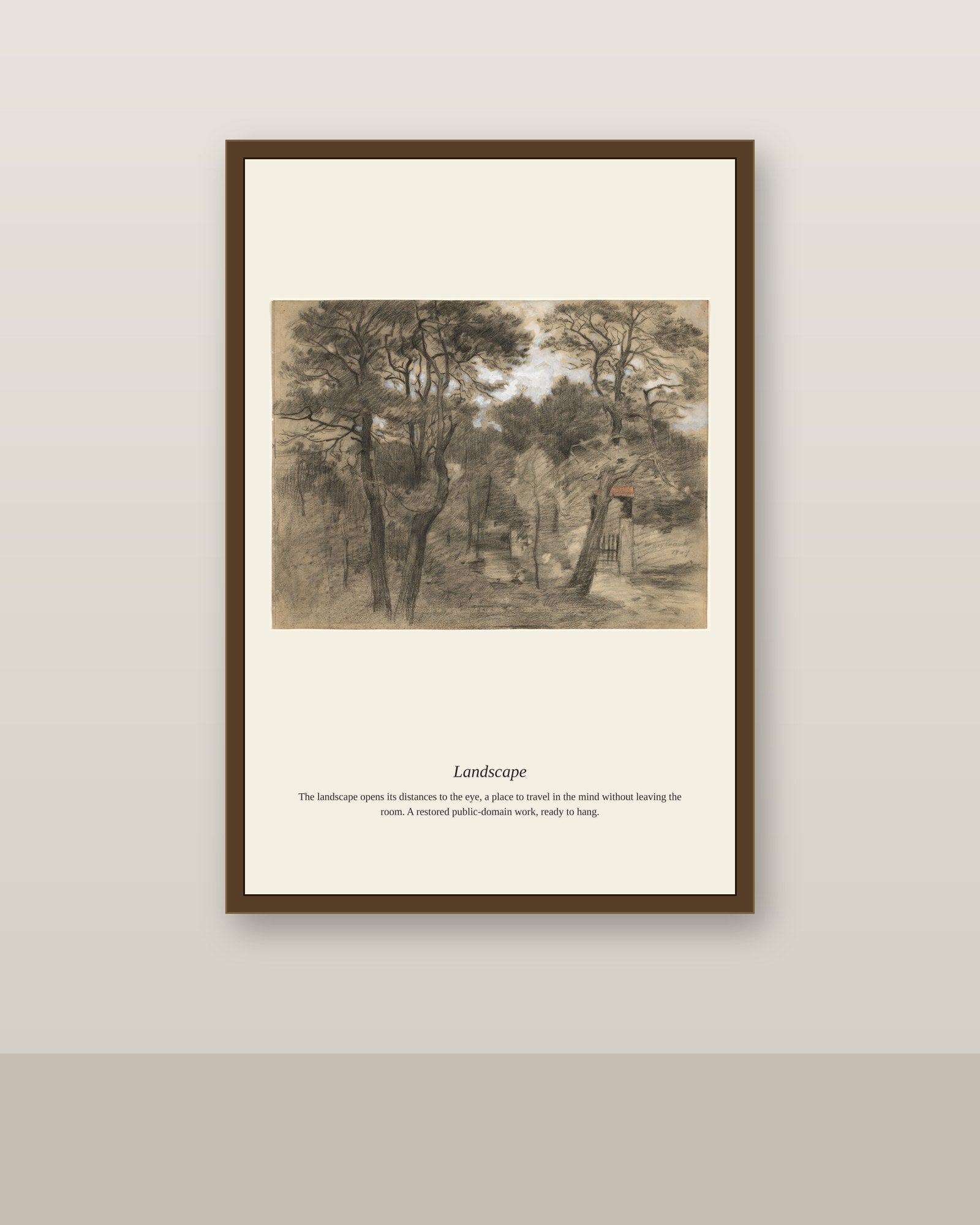 Landscape (4) antique landscape print shown framed on a wall in a styled room