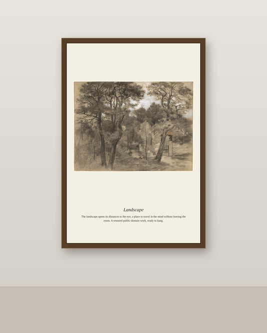 Landscape (4) antique landscape print shown framed on a wall in a styled room