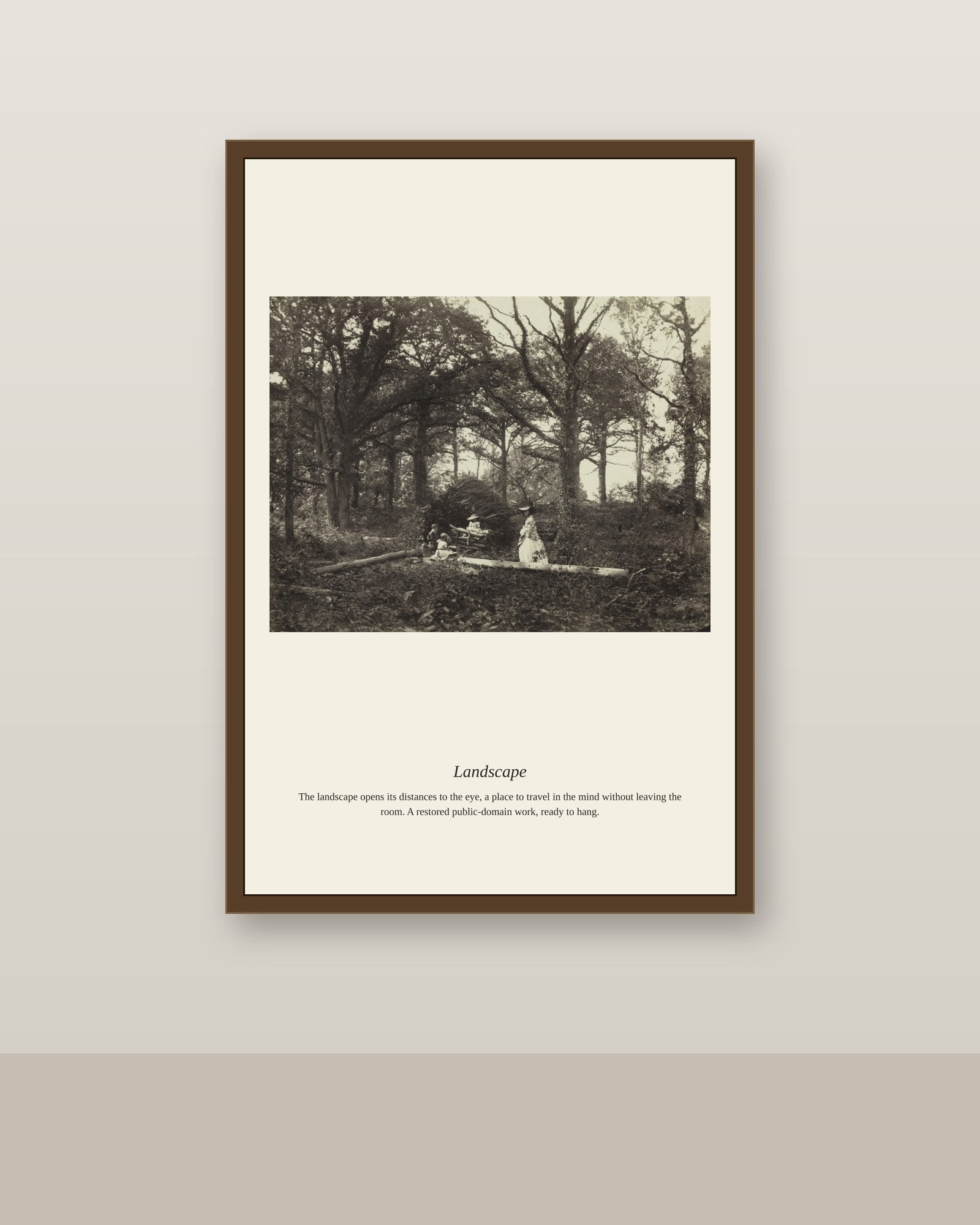 Landscape (5) antique landscape print shown framed on a wall in a styled room