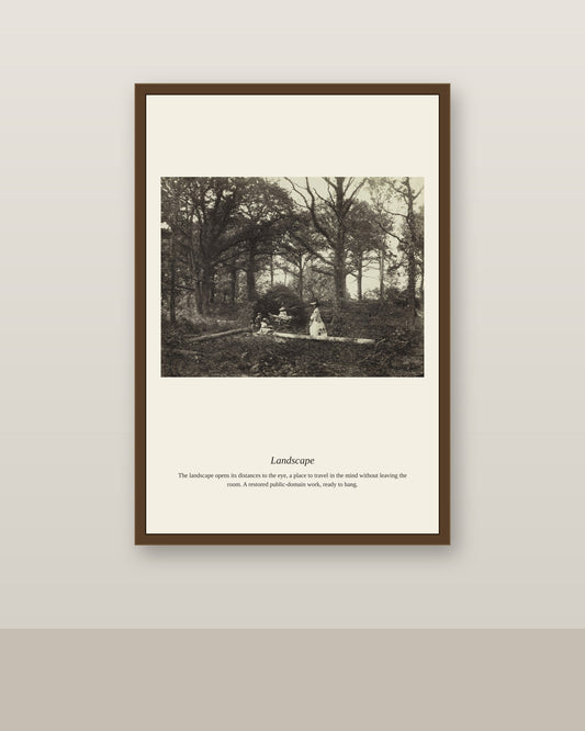 Landscape (5) antique landscape print shown framed on a wall in a styled room