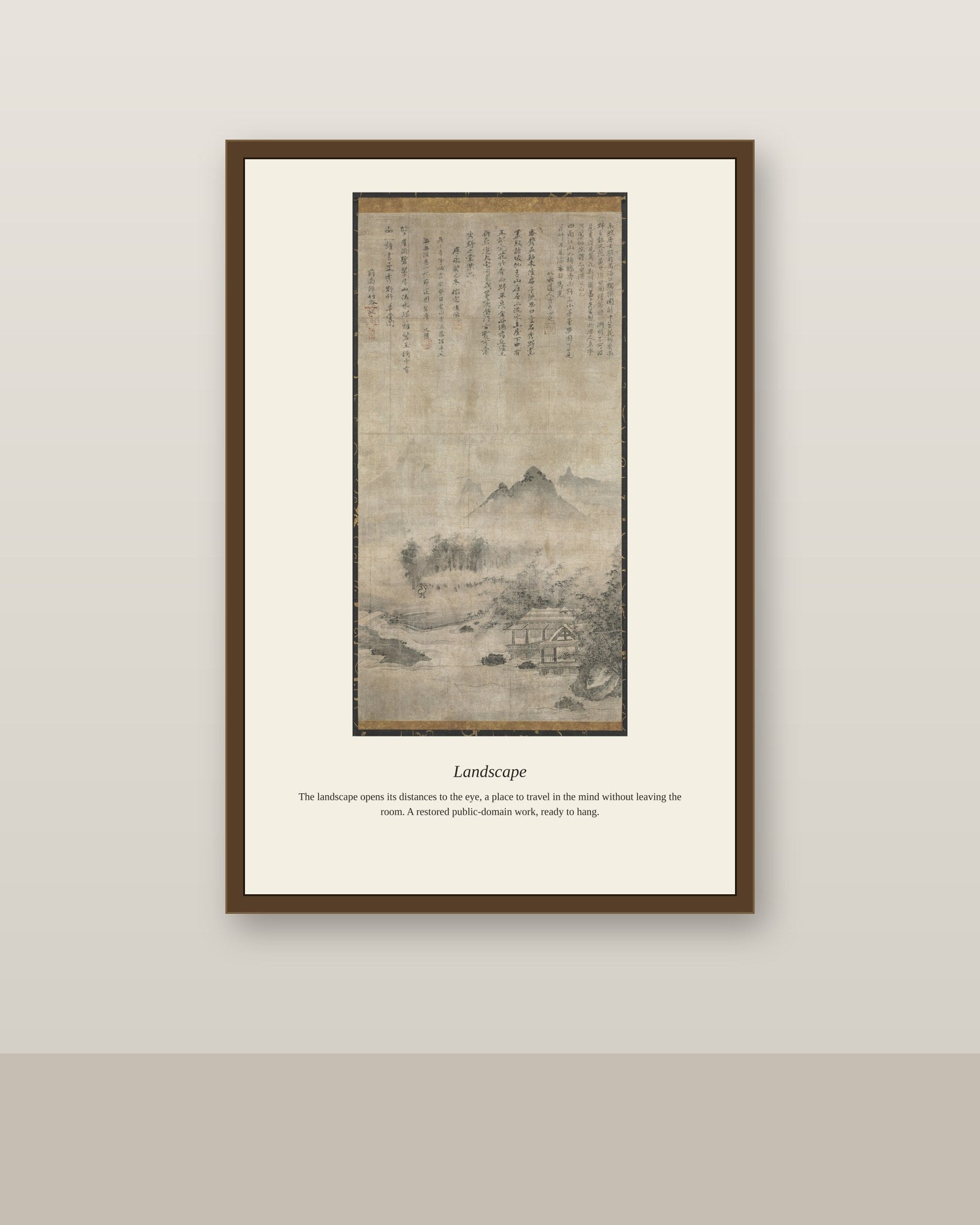 Landscape (6) antique landscape print shown framed on a wall in a styled room