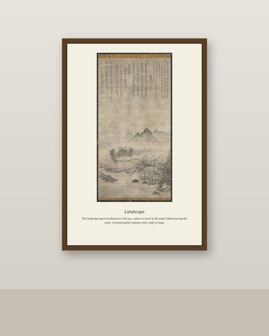 Landscape (6) antique landscape print shown framed on a wall in a styled room