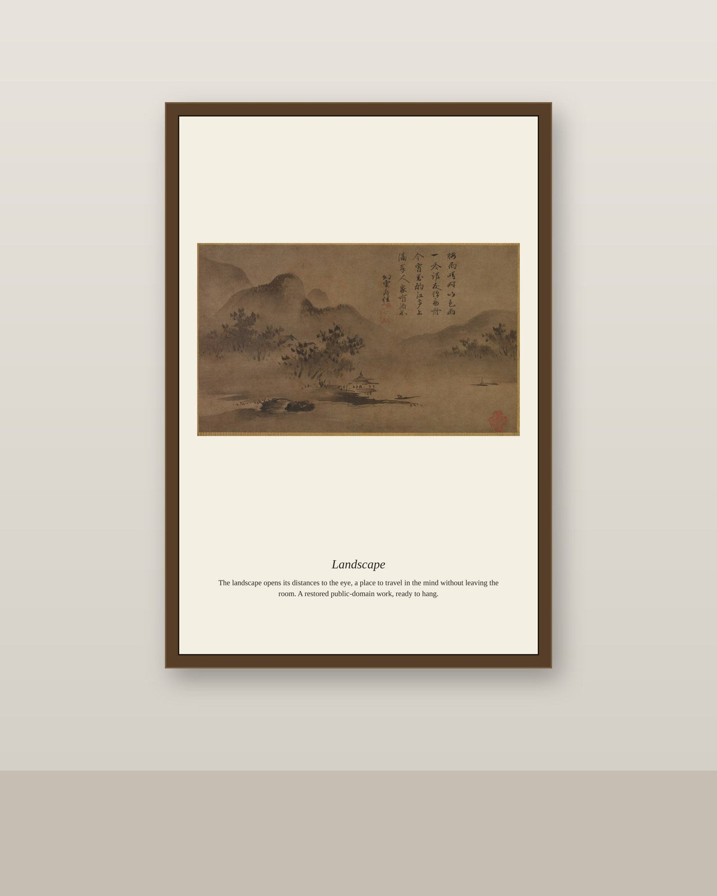 Landscape (7) antique landscape print shown framed on a wall in a styled room