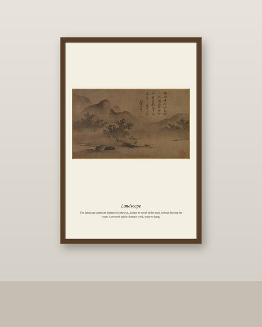 Landscape (7) antique landscape print shown framed on a wall in a styled room