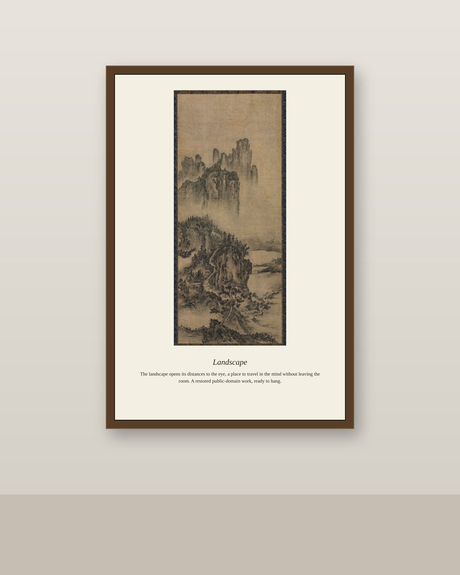 Landscape (8) antique landscape print shown framed on a wall in a styled room