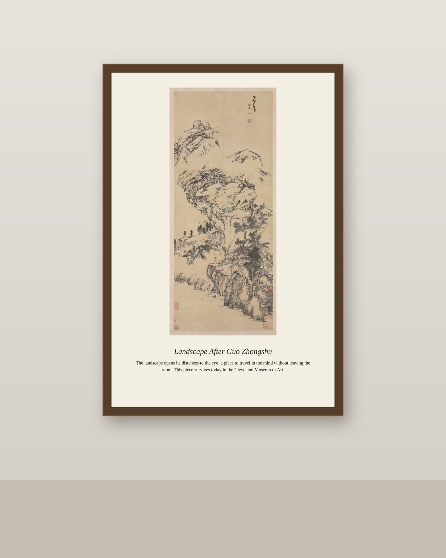 Landscape After Guo Zhongshu antique landscape print shown framed on a wall in a styled room