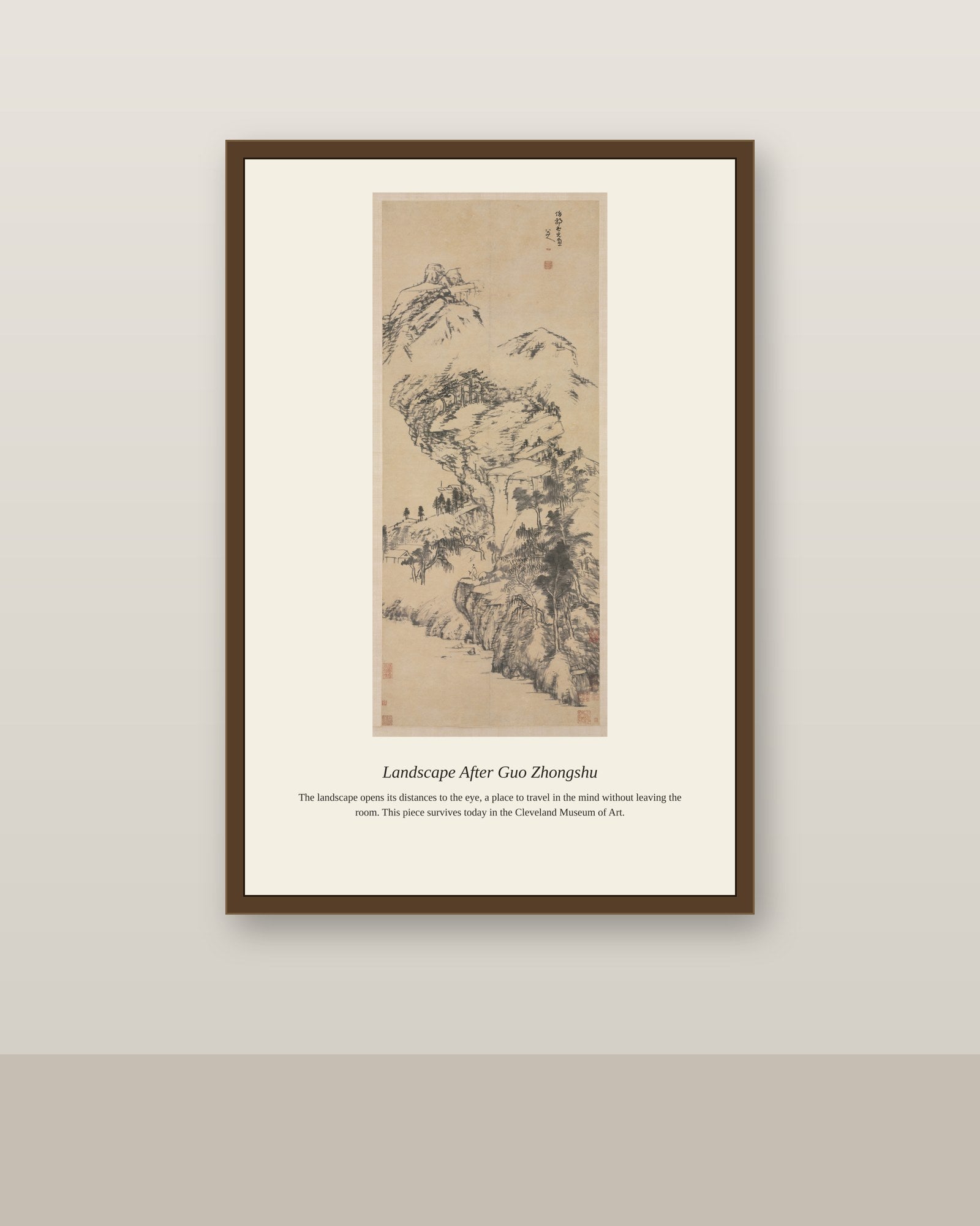 Landscape After Guo Zhongshu antique landscape print shown framed on a wall in a styled room