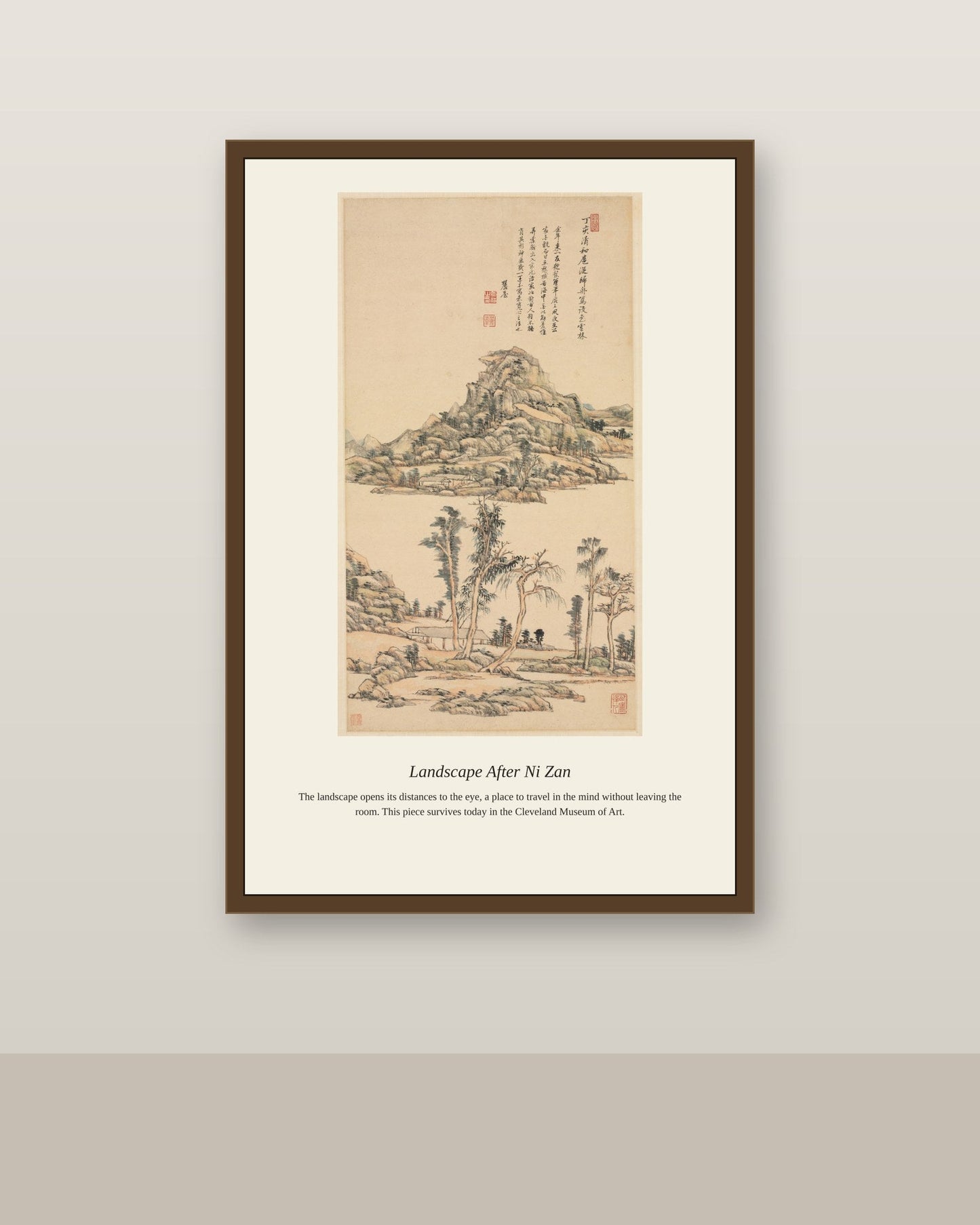 Landscape After Ni Zan antique landscape print shown framed on a wall in a styled room