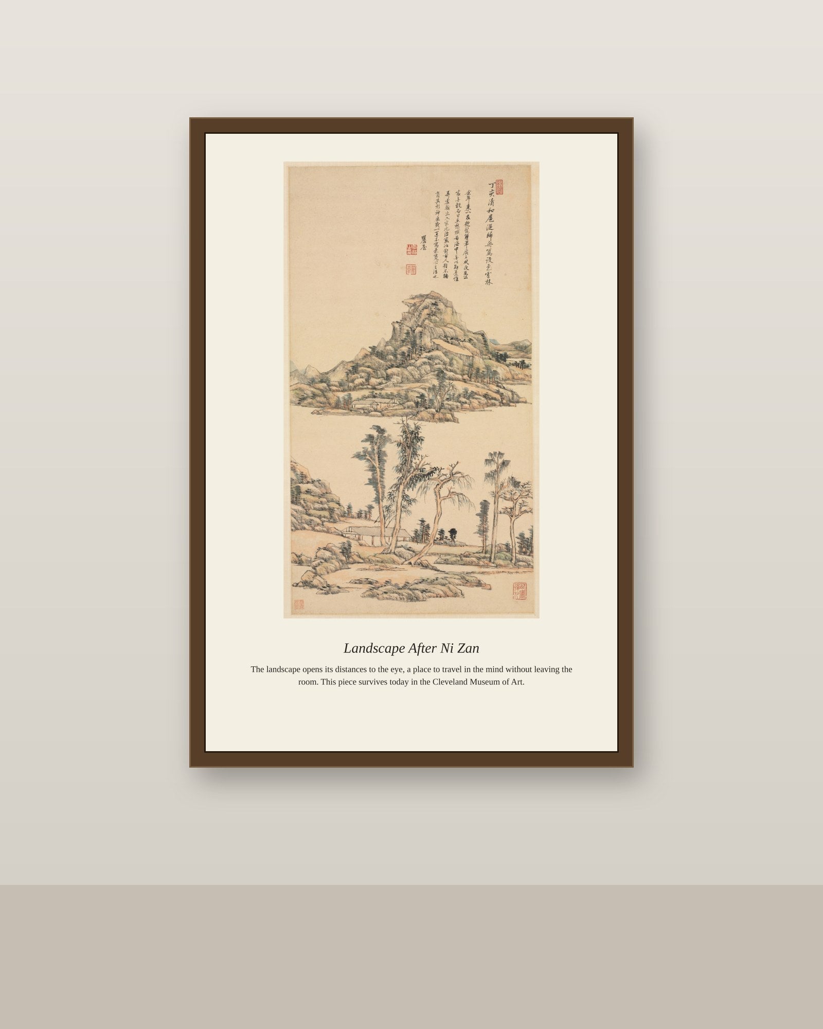 Landscape After Ni Zan antique landscape print shown framed on a wall in a styled room