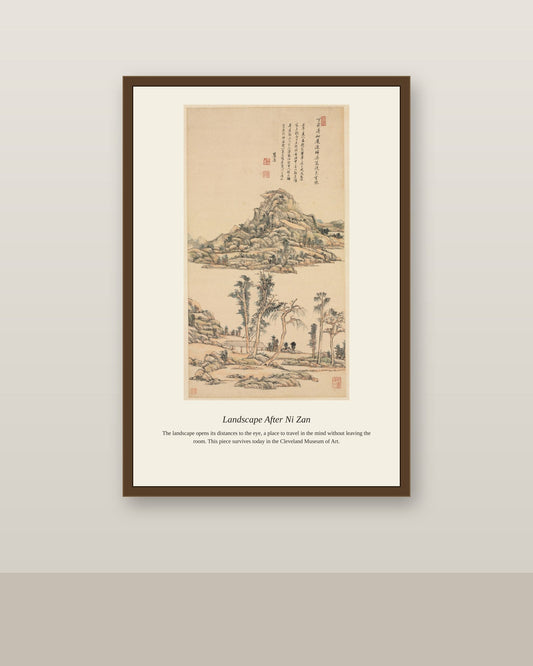Landscape After Ni Zan antique landscape print shown framed on a wall in a styled room