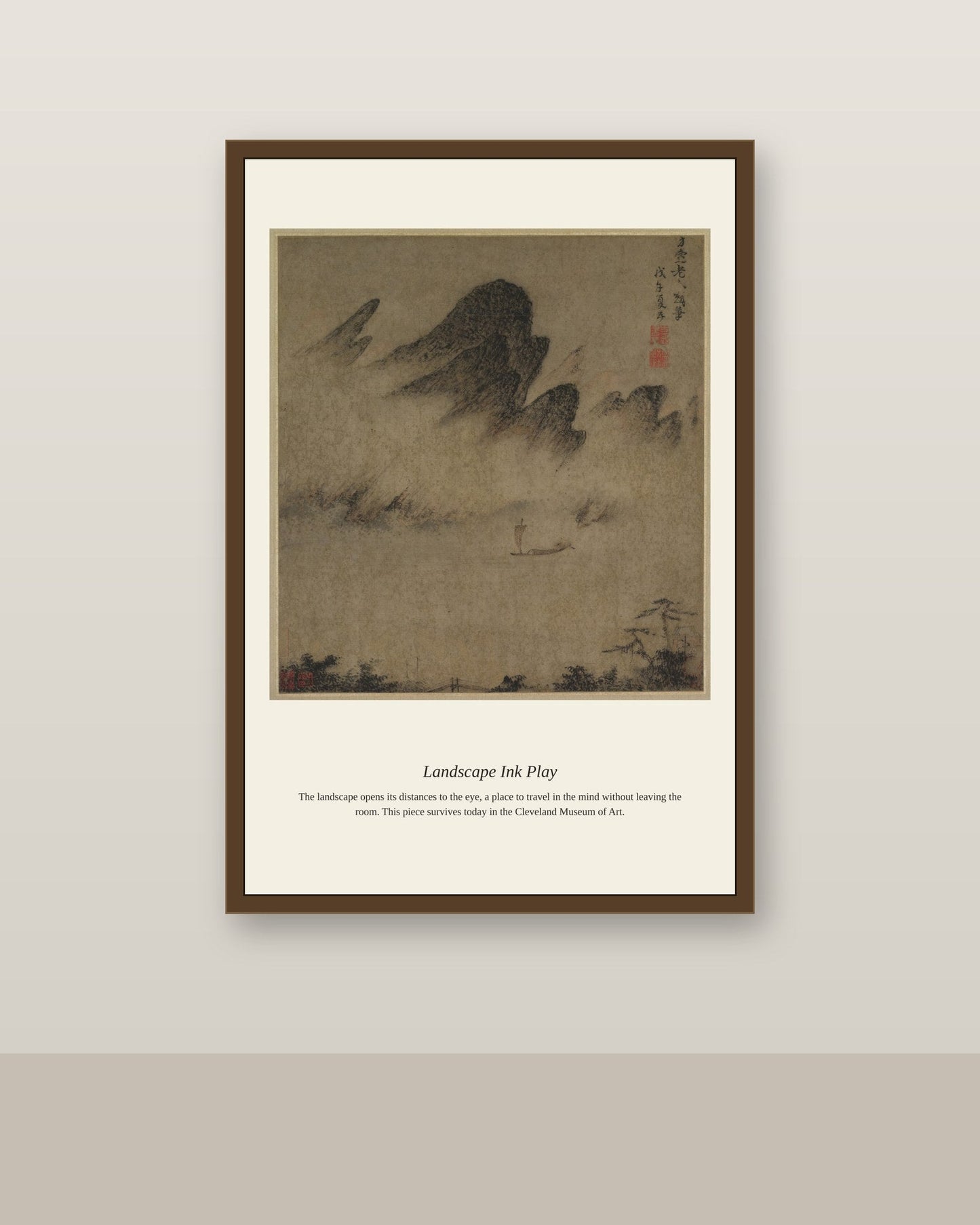 Landscape Ink Play antique landscape print shown framed on a wall in a styled room
