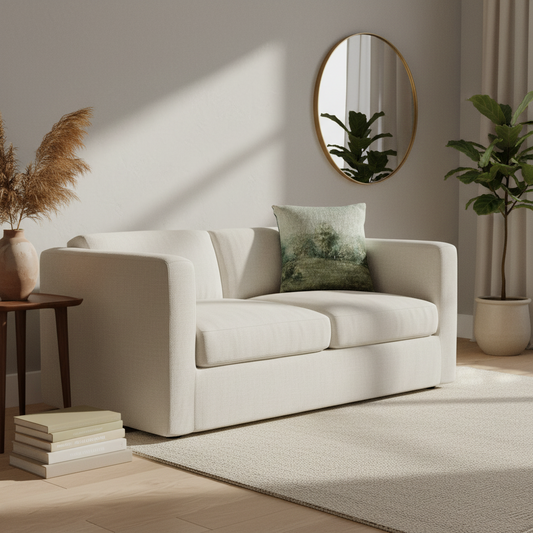 A cream-colored upholstered loveseat in a styled living room setting, featuring a green patterned accent pillow, a round gold-framed mirror on the wall, a potted plant, and a stack of books on a side table.